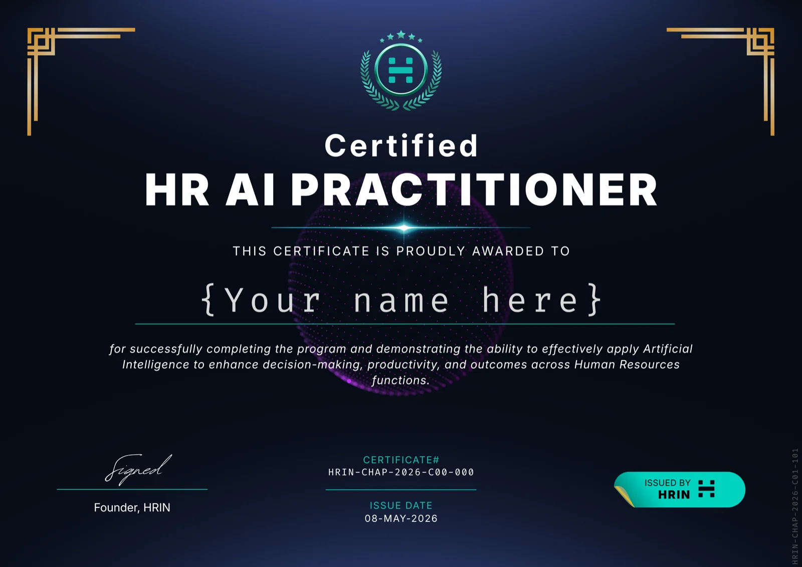 The HRIN certificate awarding the Certified HR AI Practitioner designation